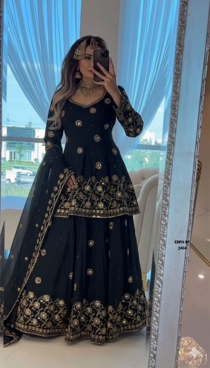 Gold Embroidery Black Lehenga